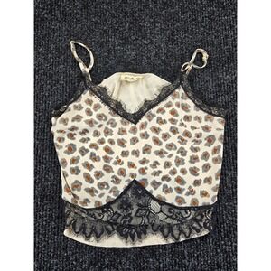Listicle Leopard Print Lace Trim Camisole Top Small Cropped Cami Cream Black